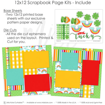 Miss Kate St. Patrick’s Day scrapbook kit with festive patterns. Includes bright gingham, polka dots, multicolored stripes, and decorative die cuts for themed layouts.