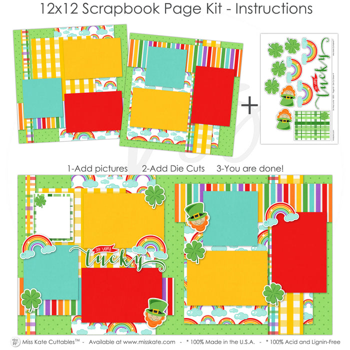 Lucky-themed 12x12 scrapbook kit featuring St. Patrick’s Day embellishments. Includes vibrant rainbow designs, four-leaf clovers, and Irish-inspired paper patterns.