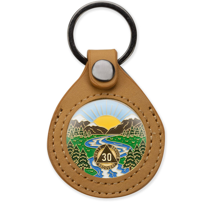 Sobriety Mint Genuine Leather 34mm AA Medallion Keychain Holder - Recovery Chip/Coin/Token Holder - Tan