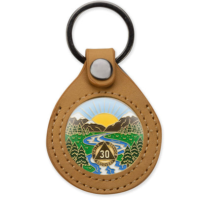 Sobriety Mint Genuine Leather 34mm AA Medallion Keychain Holder - Recovery Chip/Coin/Token Holder - Tan