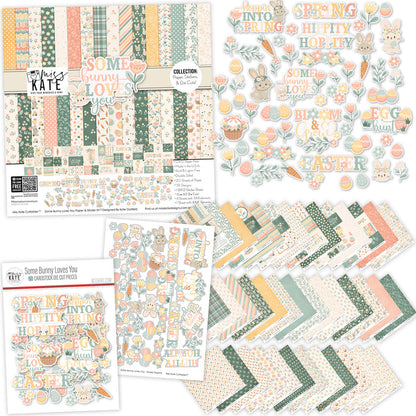 Some Bunny Loves You Collection, main product image, showing coordinated Paper & Sticker Kit, full-size Die Cuts, and Sticker Sheet for scrapbook layouts, memory albums, cards, journals, and keepsakes. Buyer theme: Easter Paper Crafting Collection. Some Bunny Loves You coordinated Easter scrapbook collection with paper, stickers and die cuts for egg hunts, family Easter photos and spring memories. Coordinating patterns include Pastel polka dots, Mint spring plaid, Pastel diagonal stripes