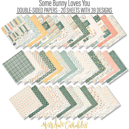 Some Bunny Loves You Paper & Sticker Kit, paper and sticker kit spread out image, showing 12x12 scrapbook paper and coordinating stickers for scrapbook layouts, photo albums, memory keeping, cards, and paper crafts. Buyer theme: Easter & Spring Scrapbook Paper Kit. Some Bunny Loves You Paper & Sticker Kit with pastel bunnies, eggs, carrots, tulips, florals, plaid, dots and cheerful Easter and spring titles in peach, mint, sage, yellow and cream