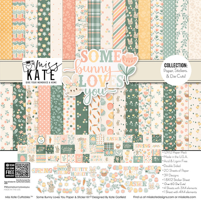 Some Bunny Loves You Collection, collection product image, showing coordinated Paper & Sticker Kit, full-size Die Cuts, and Sticker Sheet for scrapbook layouts, memory albums, cards, journals, and keepsakes. Buyer theme: Easter Paper Crafting Collection. Some Bunny Loves You coordinated Easter scrapbook collection with paper, stickers and die cuts for egg hunts, family Easter photos and spring memories. Designed for Spring family albums, Card making, Mini albums