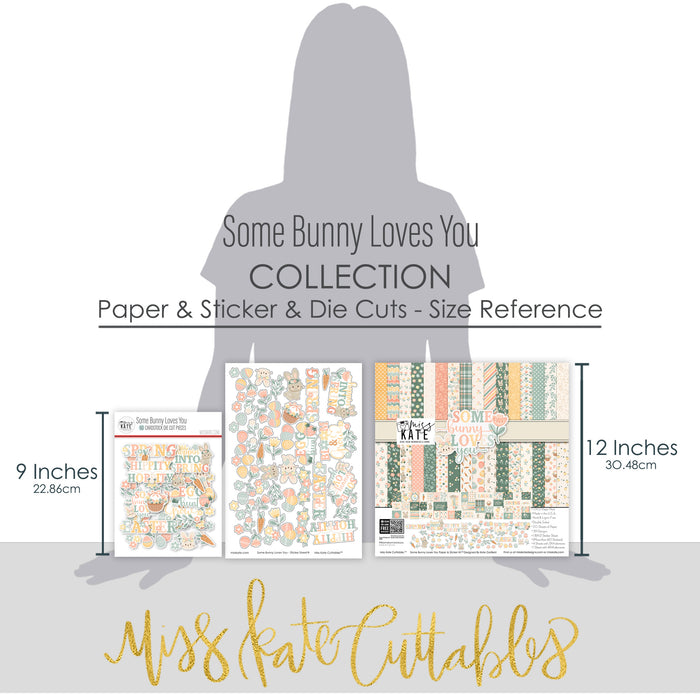 Some Bunny Loves You Collection, size guide image, showing coordinated Paper & Sticker Kit, full-size Die Cuts, and Sticker Sheet for scrapbook layouts, memory albums, cards, journals, and keepsakes. Buyer theme: Easter Paper Crafting Collection. Some Bunny Loves You coordinated Easter scrapbook collection with paper, stickers and die cuts for egg hunts, family Easter photos and spring memories. Coordinating patterns include Tulip floral patterns, Carrot toss, Daisy and botanical patterns