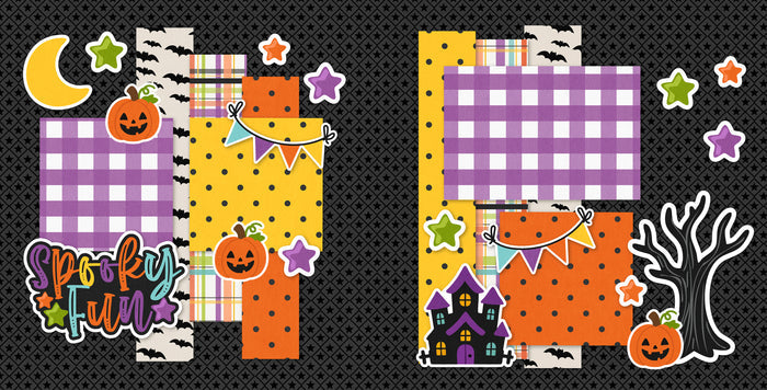 Two-page Spooky Fun 12x12 scrapbook layout featuring black star pattern, purple gingham, yellow polka dots, orange polka dots, multicolor plaid, and black bat pattern. Designed for Halloween memories and favorite photos.
