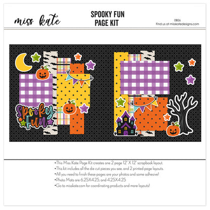 Spooky Fun 12x12 scrapbook page kit cover featuring yellow polka dots, orange polka dots, multicolor plaid, black bat pattern, orange jack o lantern pumpkins, and purple haunted house. A coordinated premade layout for Halloween memories and favorite photos.