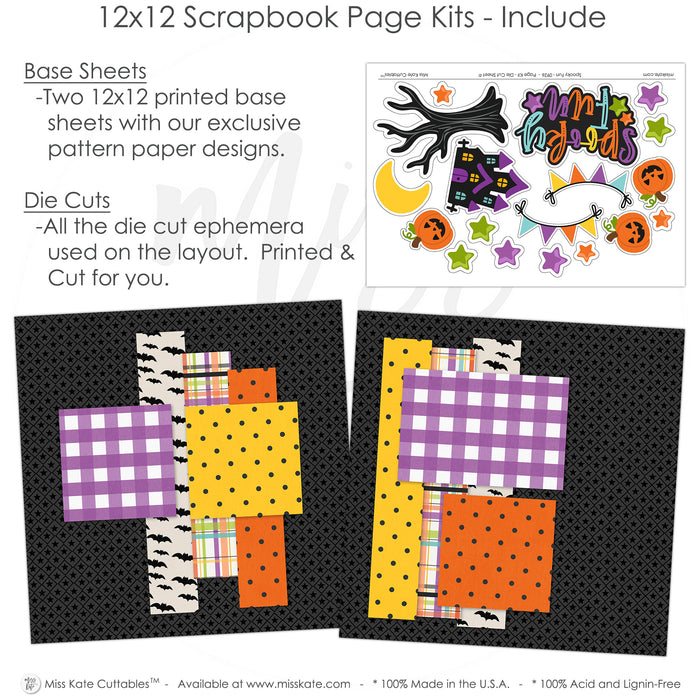 Spooky Fun scrapbook page kit includes two coordinated 12x12 printed base sheets with matching die cuts and embellishments. Designed for Halloween memories and favorite photos.