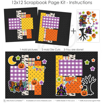 Spooky Fun 12x12 scrapbook page kit instruction image showing the completed two-page layout and placement of coordinating papers, die cuts, and photo areas. Designed for Halloween memories and favorite photos.