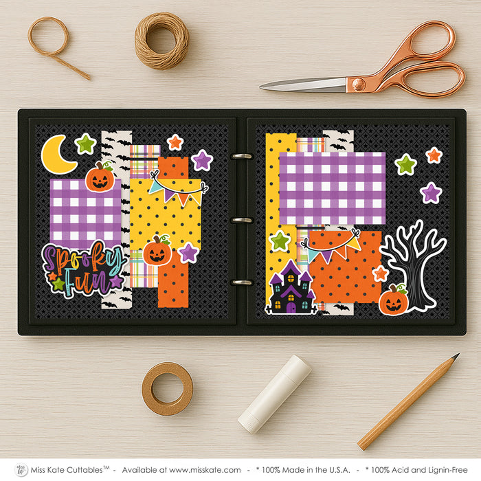 Spooky Fun scrapbook page kit shown in a memory album binder mockup with the finished two-page layout. A coordinated way to preserve Halloween memories and favorite photos.