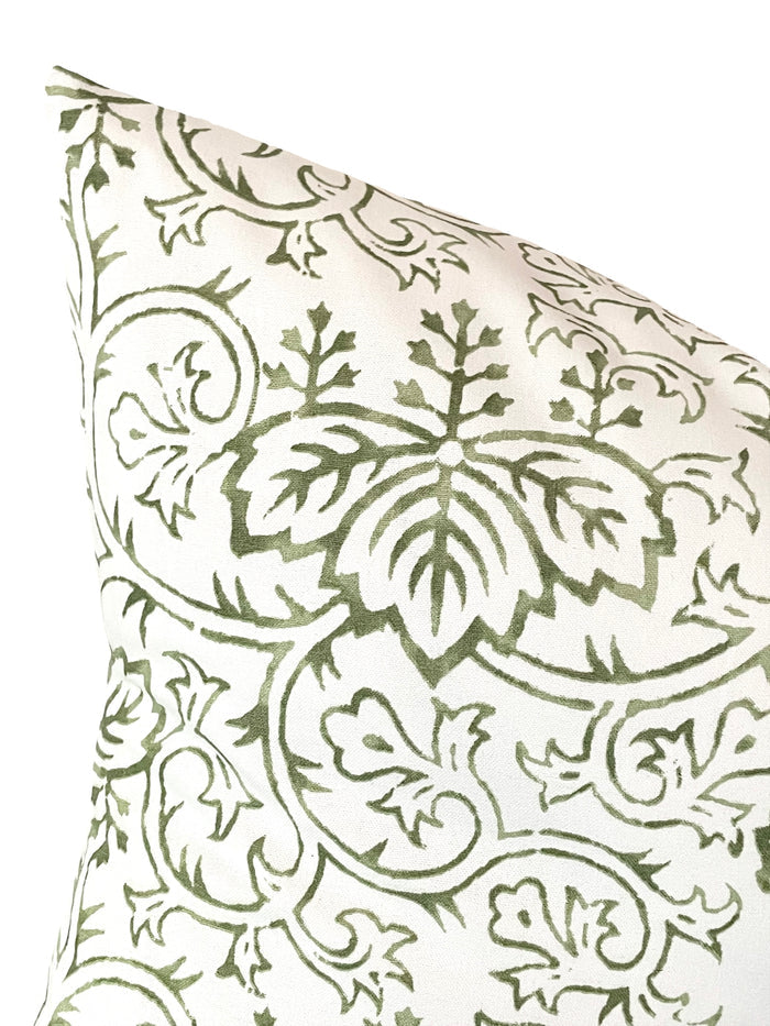 Block Printed Olive Green Vines Pillow Cover - Annabel Bleu
