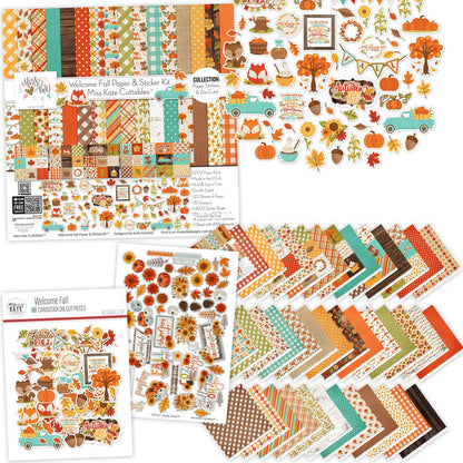 Welcome Fall Collection, main product image, showing coordinated Paper & Sticker Kit, full-size Die Cuts, and Sticker Sheet for scrapbook layouts, memory albums, cards, journals, and keepsakes. Buyer theme: Coordinated Fall Scrapbook Collection. Welcome Fall coordinated scrapbook collection with 12x12 paper, stickers and die-cut autumn embellishments. Color palette includes Pumpkin orange, burnt orange, harvest gold, sunflower yellow, olive green, moss green, teal, aqua, tan and brown