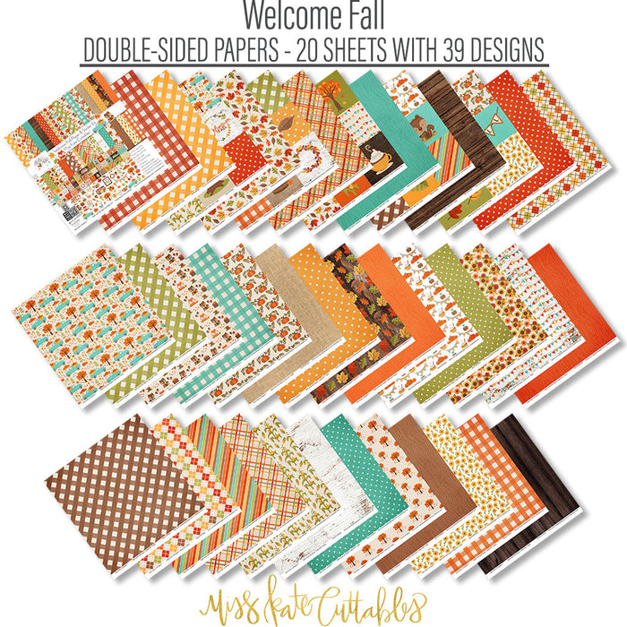 Welcome Fall Collection, paper and sticker kit spread out image, showing coordinated Paper & Sticker Kit, full-size Die Cuts, and Sticker Sheet for scrapbook layouts, memory albums, cards, journals, and keepsakes. Buyer theme: Coordinated Fall Scrapbook Collection. Welcome Fall coordinated scrapbook collection with 12x12 paper, stickers and die-cut autumn embellishments. Scrapbook collection, paper and sticker supplies, die cut embellishments, and coordinated memory keeping products