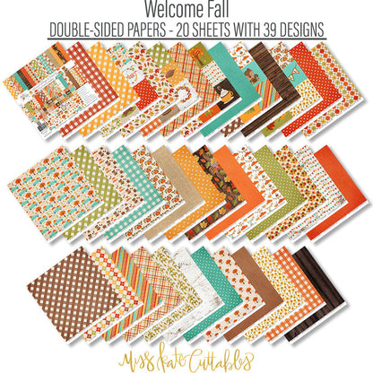 Welcome Fall Collection, paper and sticker kit spread out image, showing coordinated Paper & Sticker Kit, full-size Die Cuts, and Sticker Sheet for scrapbook layouts, memory albums, cards, journals, and keepsakes. Buyer theme: Coordinated Fall Scrapbook Collection. Welcome Fall coordinated scrapbook collection with 12x12 paper, stickers and die-cut autumn embellishments. Scrapbook collection, paper and sticker supplies, die cut embellishments, and coordinated memory keeping products