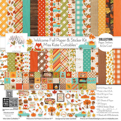 Welcome Fall Collection, collection product image, showing coordinated Paper & Sticker Kit, full-size Die Cuts, and Sticker Sheet for scrapbook layouts, memory albums, cards, journals, and keepsakes. Buyer theme: Coordinated Fall Scrapbook Collection. Welcome Fall coordinated scrapbook collection with 12x12 paper, stickers and die-cut autumn embellishments. Color palette includes Pumpkin orange, burnt orange, harvest gold, sunflower yellow, olive green, moss green, teal, aqua, tan and brown