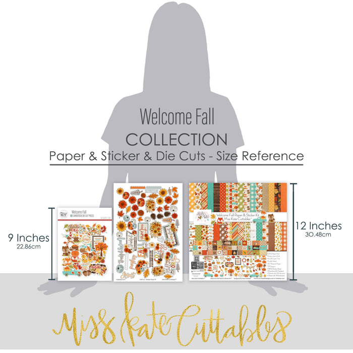 Welcome Fall Collection, size guide image, showing coordinated Paper & Sticker Kit, full-size Die Cuts, and Sticker Sheet for scrapbook layouts, memory albums, cards, journals, and keepsakes. Buyer theme: Coordinated Fall Scrapbook Collection. Welcome Fall coordinated scrapbook collection with 12x12 paper, stickers and die-cut autumn embellishments. Color palette includes Pumpkin orange, burnt orange, harvest gold, sunflower yellow, olive green, moss green, teal, aqua, tan and brown