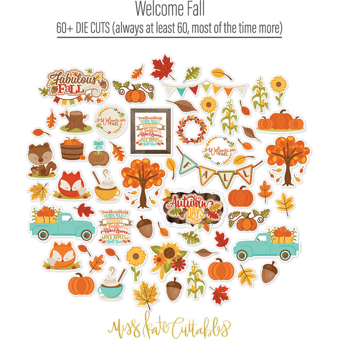 Welcome Fall Collection, die cuts spread out image, showing coordinated Paper & Sticker Kit, full-size Die Cuts, and Sticker Sheet for scrapbook layouts, memory albums, cards, journals, and keepsakes. Buyer theme: Coordinated Fall Scrapbook Collection. Welcome Fall coordinated scrapbook collection with 12x12 paper, stickers and die-cut autumn embellishments. Color palette includes Pumpkin orange, burnt orange, harvest gold, sunflower yellow, olive green, moss green, teal, aqua, tan and brown