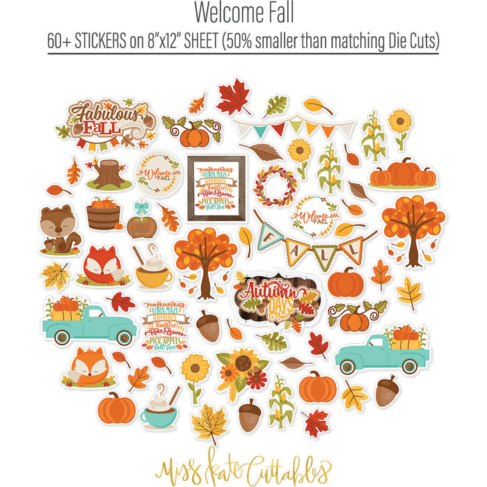 Welcome Fall Collection, alternate sticker sheet spread out image, showing coordinated Paper & Sticker Kit, full-size Die Cuts, and Sticker Sheet for scrapbook layouts, memory albums, cards, journals, and keepsakes. Buyer theme: Coordinated Fall Scrapbook Collection. Welcome Fall coordinated scrapbook collection with 12x12 paper, stickers and die-cut autumn embellishments. Scrapbook collection, paper and sticker supplies, die cut embellishments, and coordinated memory keeping products