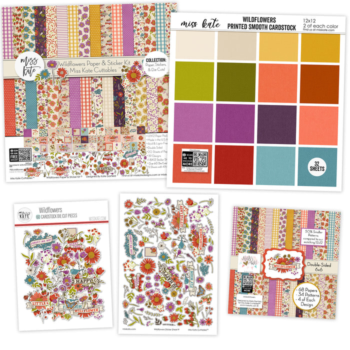 Wildflowers Bundle, main product image, showing complete coordinated paper craft set with 12x12 papers, 6x6 papers, cardstock, die cuts, and stickers for layouts, cards, albums, journals, and keepsakes. Buyer theme: Complete Botanical & Floral Scrapbook Craft Bundle. Wildflowers complete scrapbook bundle with 12x12 paper, 6x6 designs, cardstock, die cuts and stickers in a rich botanical palette. Designed for Wildflower scrapbook layouts, Garden photo albums, Nature journals