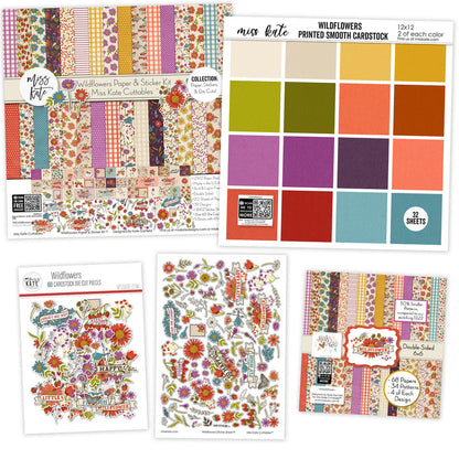 Wildflowers Bundle, main product image, showing complete coordinated paper craft set with 12x12 papers, 6x6 papers, cardstock, die cuts, and stickers for layouts, cards, albums, journals, and keepsakes. Buyer theme: Complete Botanical & Floral Scrapbook Craft Bundle. Wildflowers complete scrapbook bundle with 12x12 paper, 6x6 designs, cardstock, die cuts and stickers in a rich botanical palette. Designed for Wildflower scrapbook layouts, Garden photo albums, Nature journals
