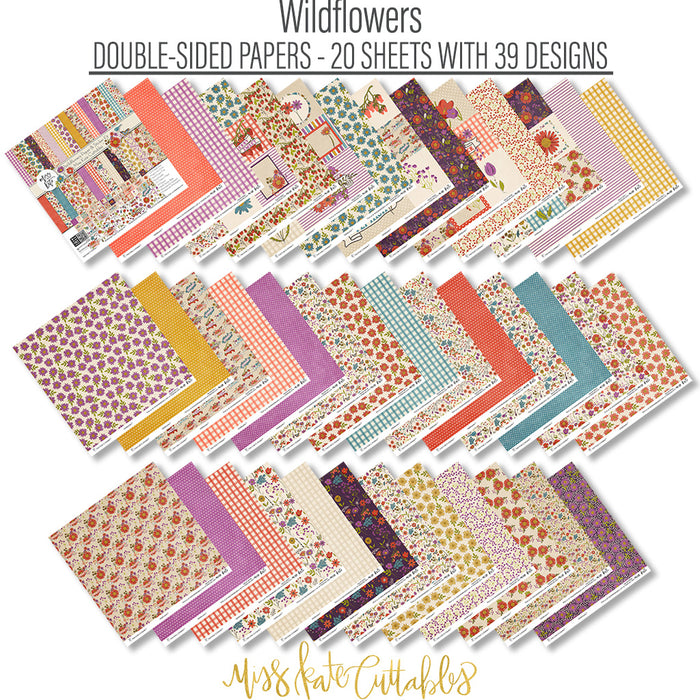 Wildflowers Paper & Sticker Kit, paper and sticker kit spread out image, showing 12x12 scrapbook paper and coordinating stickers for scrapbook layouts, photo albums, memory keeping, cards, and paper crafts. Buyer theme: Garden & Floral Scrapbook Paper & Sticker Kit. Wildflowers Paper & Sticker Kit with meadow flowers, berries, strawberries, birds, butterfly, vintage banners, gingham, dots and botanical patterns in purple, teal, coral, mustard, olive and cream