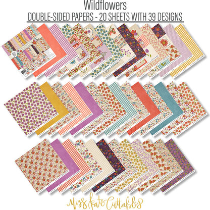 Wildflowers Paper & Sticker Kit, paper and sticker kit spread out image, showing 12x12 scrapbook paper and coordinating stickers for scrapbook layouts, photo albums, memory keeping, cards, and paper crafts. Buyer theme: Garden & Floral Scrapbook Paper & Sticker Kit. Wildflowers Paper & Sticker Kit with meadow flowers, berries, strawberries, birds, butterfly, vintage banners, gingham, dots and botanical patterns in purple, teal, coral, mustard, olive and cream