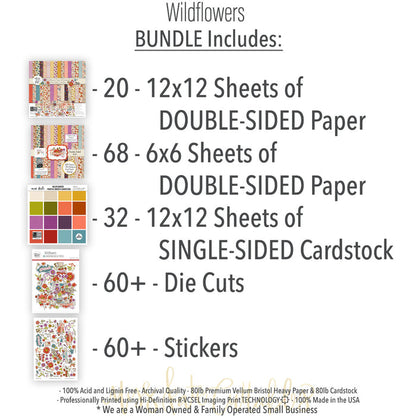 Wildflowers Bundle, includes image, showing complete coordinated paper craft set with 12x12 papers, 6x6 papers, cardstock, die cuts, and stickers for layouts, cards, albums, journals, and keepsakes. Buyer theme: Complete Botanical & Floral Scrapbook Craft Bundle. Wildflowers complete scrapbook bundle with 12x12 paper, 6x6 designs, cardstock, die cuts and stickers in a rich botanical palette. Coordinating patterns include Teal and coral floral fields, Purple polka dots, Mustard gingham