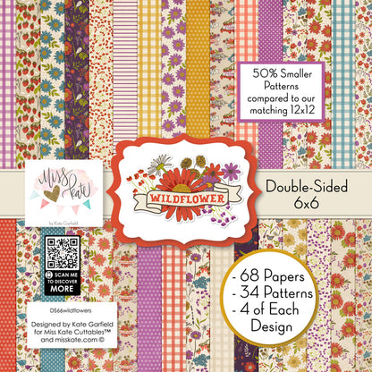 Wildflowers 6x6 Double-Sided Paper Pack, high resolution cover image, showing 6x6 scrapbook paper for handmade cards, mini albums, junk journals, paper layering, small-scale layouts, and coordinated paper crafts. Buyer theme: Floral 6x6 Scrapbook Paper for Cards & Mini Albums. Wildflowers 6x6 Double-Sided Paper Pack with scaled gingham, polka dots, berries, strawberries, meadow flowers, birds and botanical patterns for cards and mini albums