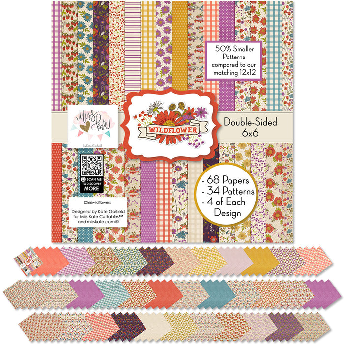 Wildflowers 6x6 Double-Sided Paper Pack, 6x6 cover and paper spread out image, showing 6x6 scrapbook paper for handmade cards, mini albums, junk journals, paper layering, small-scale layouts, and coordinated paper crafts. Buyer theme: Floral 6x6 Scrapbook Paper for Cards & Mini Albums. Wildflowers 6x6 Double-Sided Paper Pack with scaled gingham, polka dots, berries, strawberries, meadow flowers, birds and botanical patterns for cards and mini albums
