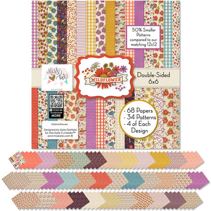 Wildflowers 6x6 Double-Sided Paper Pack, 6x6 cover and paper spread out image, showing 6x6 scrapbook paper for handmade cards, mini albums, junk journals, paper layering, small-scale layouts, and coordinated paper crafts. Buyer theme: Floral 6x6 Scrapbook Paper for Cards & Mini Albums. Wildflowers 6x6 Double-Sided Paper Pack with scaled gingham, polka dots, berries, strawberries, meadow flowers, birds and botanical patterns for cards and mini albums
