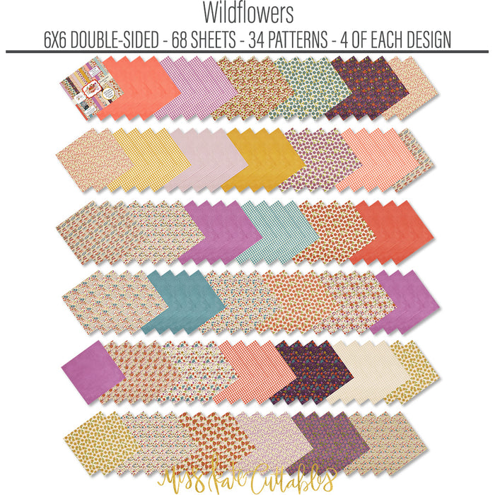 Wildflowers 6x6 Double-Sided Paper Pack, papers spread out image, showing 6x6 scrapbook paper for handmade cards, mini albums, junk journals, paper layering, small-scale layouts, and coordinated paper crafts. Buyer theme: Floral 6x6 Scrapbook Paper for Cards & Mini Albums. Wildflowers 6x6 Double-Sided Paper Pack with scaled gingham, polka dots, berries, strawberries, meadow flowers, birds and botanical patterns for cards and mini albums. Designed for Card making, Mini albums, Junk journals