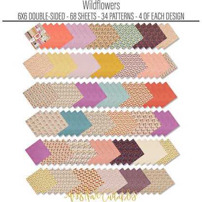 Wildflowers 6x6 Double-Sided Paper Pack, papers spread out image, showing 6x6 scrapbook paper for handmade cards, mini albums, junk journals, paper layering, small-scale layouts, and coordinated paper crafts. Buyer theme: Floral 6x6 Scrapbook Paper for Cards & Mini Albums. Wildflowers 6x6 Double-Sided Paper Pack with scaled gingham, polka dots, berries, strawberries, meadow flowers, birds and botanical patterns for cards and mini albums. Designed for Card making, Mini albums, Junk journals