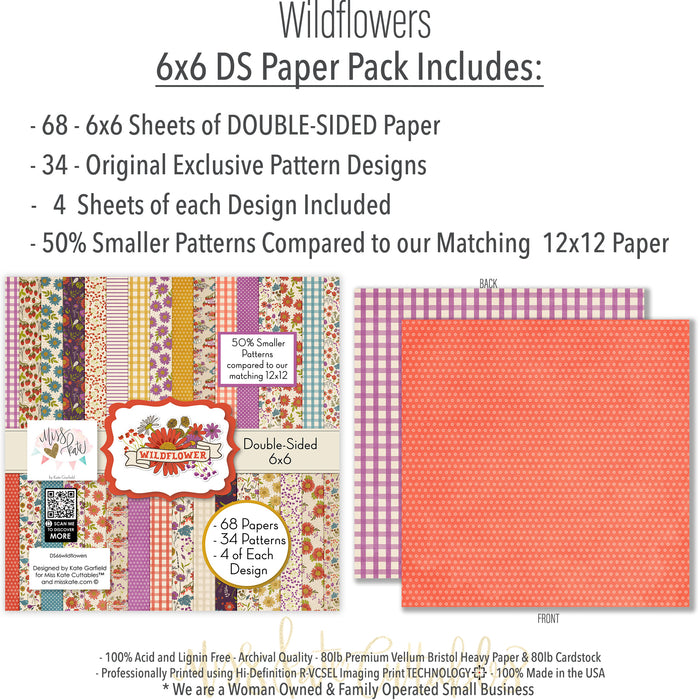 Wildflowers 6x6 Double-Sided Paper Pack, 6x6 paper pack cover and includes preview, showing 6x6 scrapbook paper for handmade cards, mini albums, junk journals, paper layering, small-scale layouts, and coordinated paper crafts. Buyer theme: Floral 6x6 Scrapbook Paper for Cards & Mini Albums. Wildflowers 6x6 Double-Sided Paper Pack with scaled gingham, polka dots, berries, strawberries, meadow flowers, birds and botanical patterns for cards and mini albums