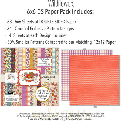 Wildflowers 6x6 Double-Sided Paper Pack, 6x6 paper pack cover and includes preview, showing 6x6 scrapbook paper for handmade cards, mini albums, junk journals, paper layering, small-scale layouts, and coordinated paper crafts. Buyer theme: Floral 6x6 Scrapbook Paper for Cards & Mini Albums. Wildflowers 6x6 Double-Sided Paper Pack with scaled gingham, polka dots, berries, strawberries, meadow flowers, birds and botanical patterns for cards and mini albums