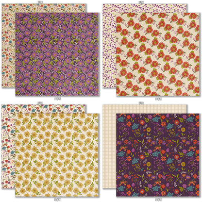 Wildflowers 6x6 Double-Sided Paper Pack, 6x6 double-sided paper pack paper patterns 1 through 8 preview, showing 6x6 scrapbook paper for handmade cards, mini albums, junk journals, paper layering, small-scale layouts, and coordinated paper crafts. Buyer theme: Floral 6x6 Scrapbook Paper for Cards & Mini Albums. Wildflowers 6x6 Double-Sided Paper Pack with scaled gingham, polka dots, berries, strawberries, meadow flowers, birds and botanical patterns for cards and mini albums
