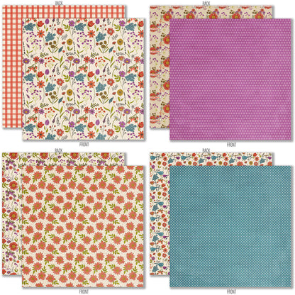 Wildflowers 6x6 Double-Sided Paper Pack, 6x6 double-sided paper pack paper patterns 9 through 16 preview, showing 6x6 scrapbook paper for handmade cards, mini albums, junk journals, paper layering, small-scale layouts, and coordinated paper crafts. Buyer theme: Floral 6x6 Scrapbook Paper for Cards & Mini Albums. Wildflowers 6x6 Double-Sided Paper Pack with scaled gingham, polka dots, berries, strawberries, meadow flowers, birds and botanical patterns for cards and mini albums