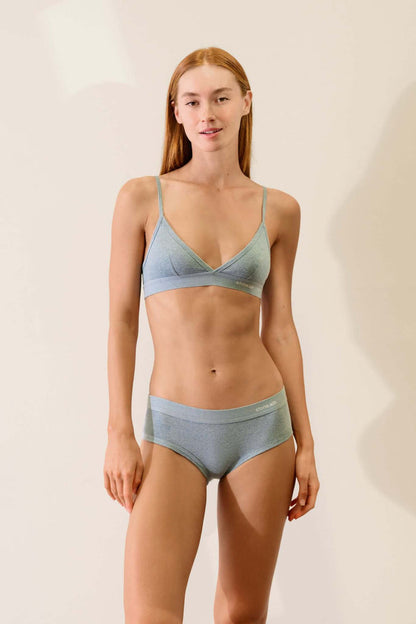Women's Brief in Organic Cotton Rib - Lake model showcasing the low line boyleg cut in soft organic cotton.