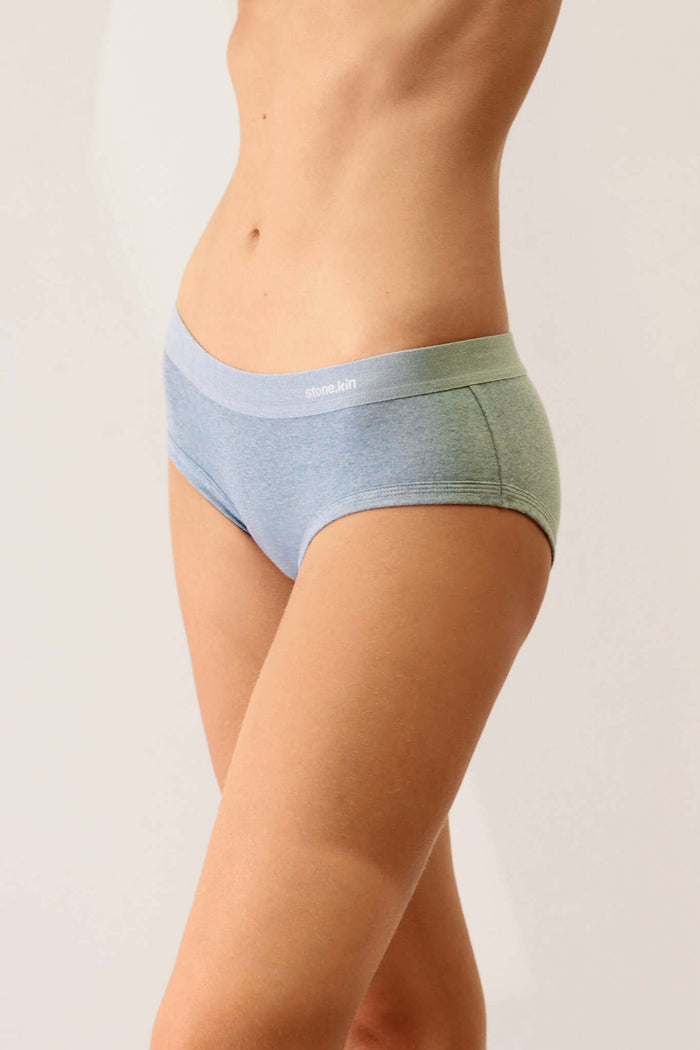Women's Brief in Organic Cotton Rib - Lake showcasing its soft, breathable design in a stylish low line boyleg cut.
